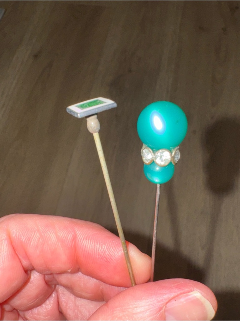 VTG Hat/Stick Pins (2)Tip W/ Green Faceted Stones Shamrock & Rhinestone Beaded